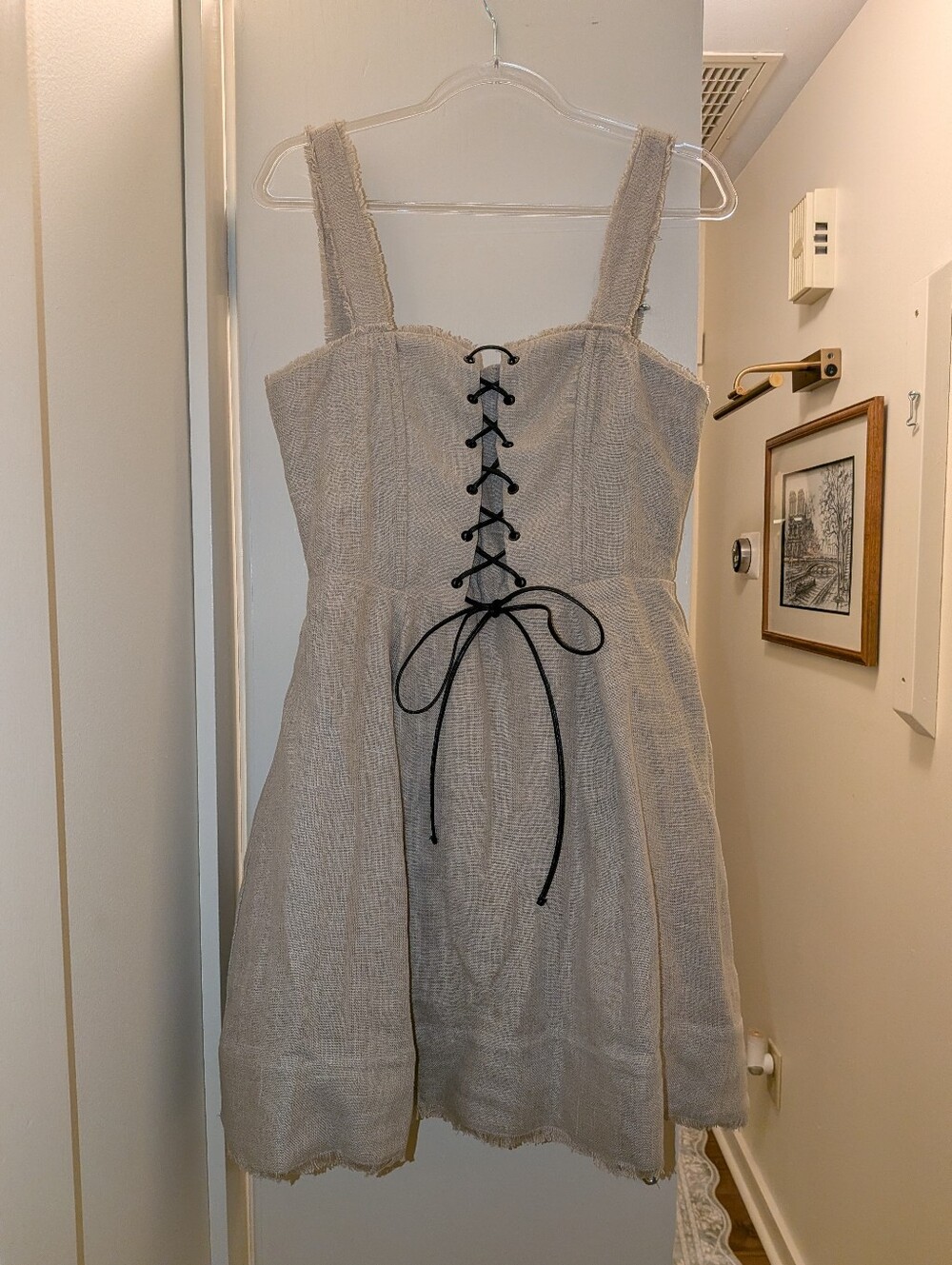 STAUD "Sutton" Natural Lace-Up Linen Mini Dress Size 12